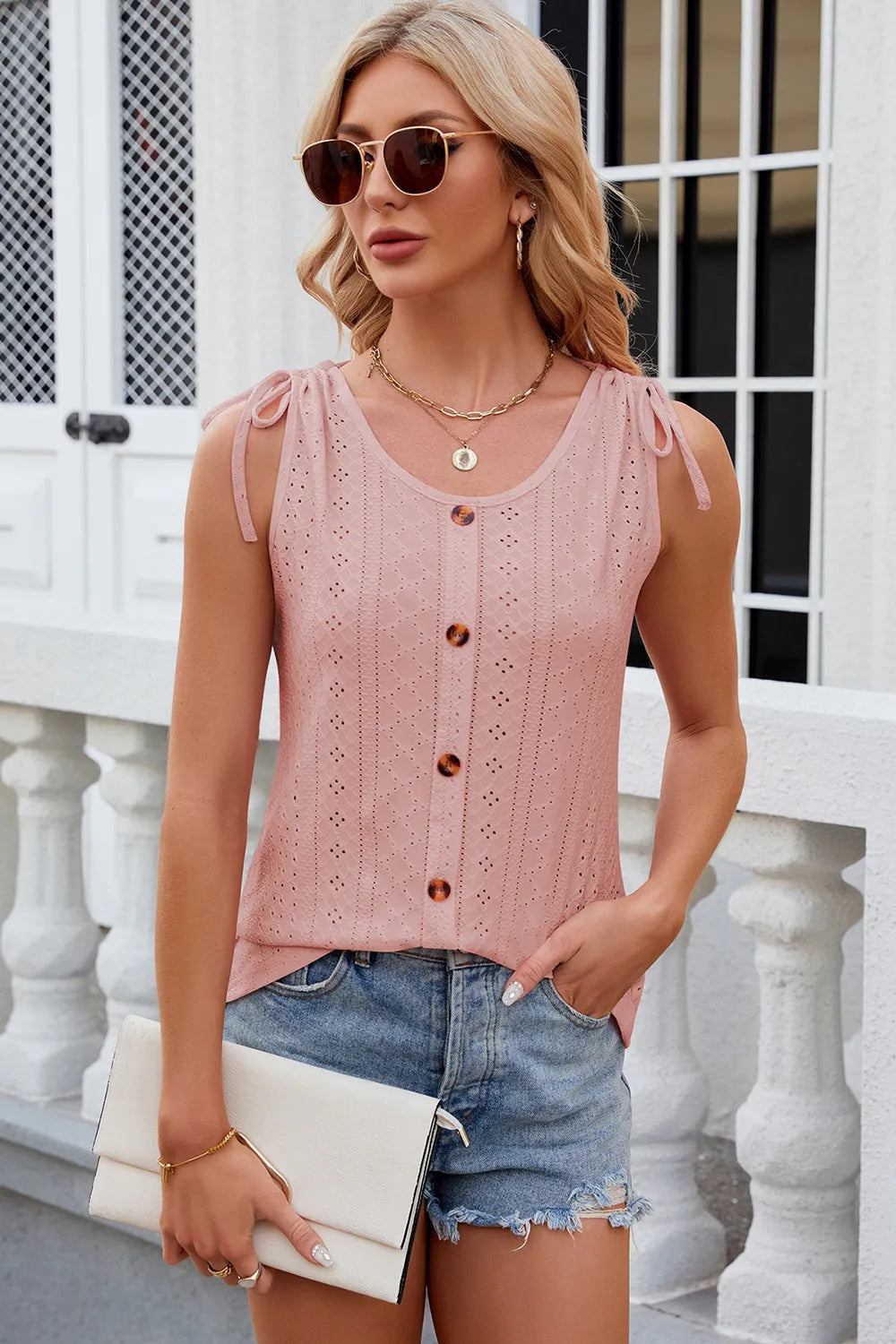 Eyelet Round Neck Wide Strap Tank (18)