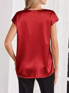 Satin V-neck Short Sleeve Blouse (23)