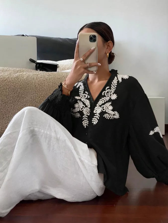 Embroidered Notched Long Sleeve Blouse (9)