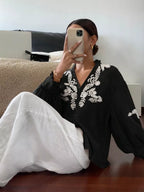 Embroidered Notched Long Sleeve Blouse (9)