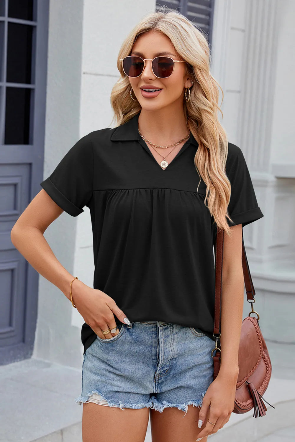 Ruched Johnny Collar Short Sleeve Blouse (23)