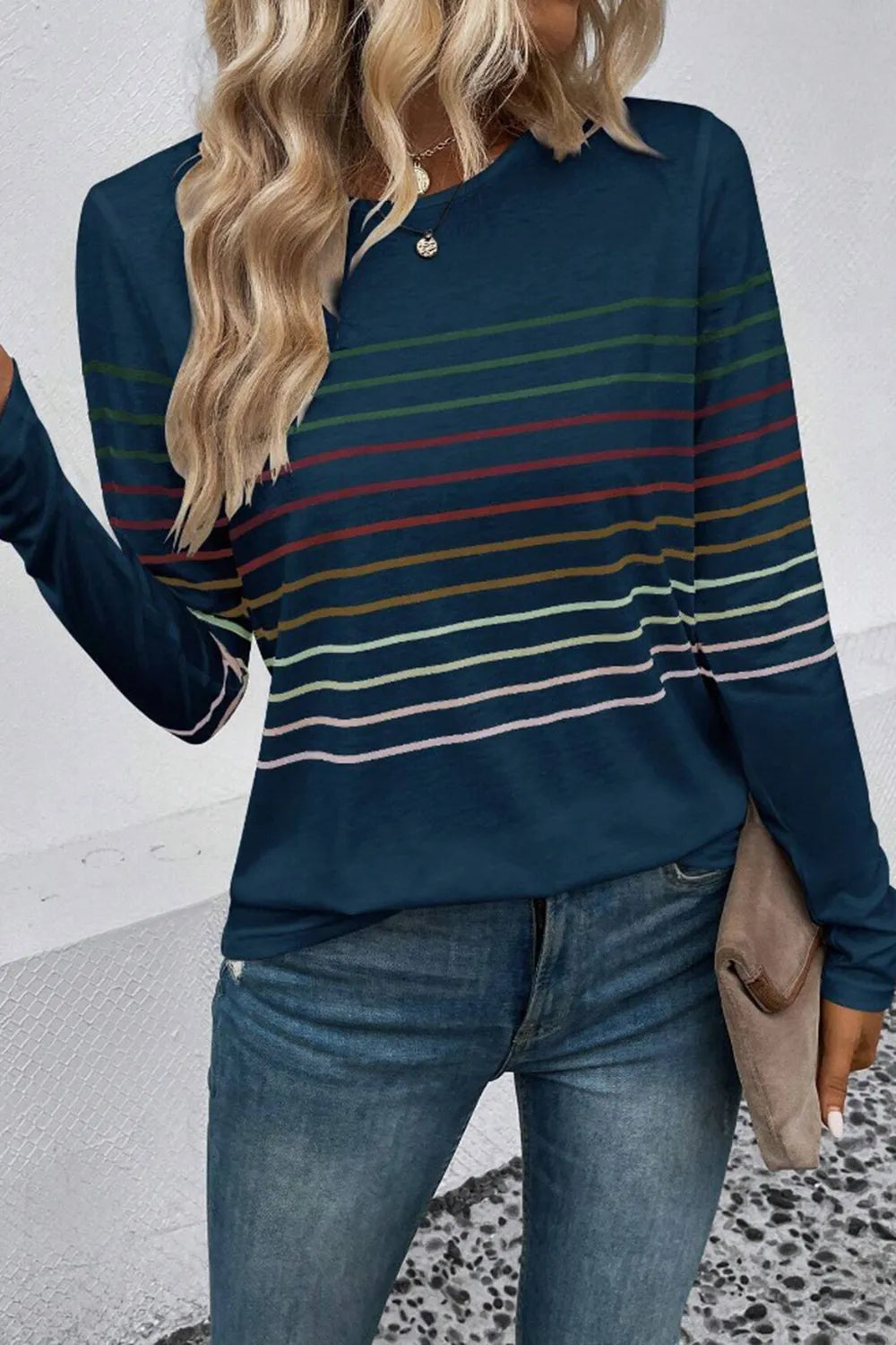 Striped Round Neck Long Sleeve T-shirt (13)