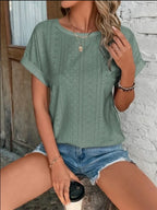 Eyelet Round Neck Short Sleeve T-shirt (10)