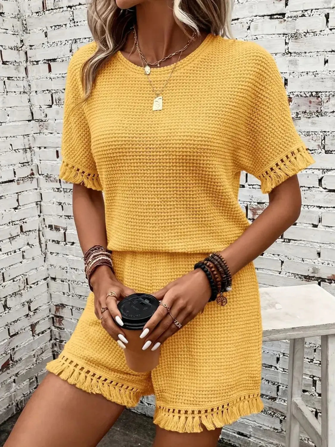 Tassel Round Neck Top Shorts Set (28)