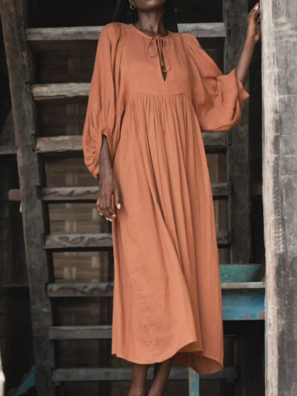 Tie Neck 3/4 Sleeve Midi Dress (11)