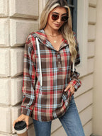 Drawstring Plaid Hooded Long Sleeve Top (15)