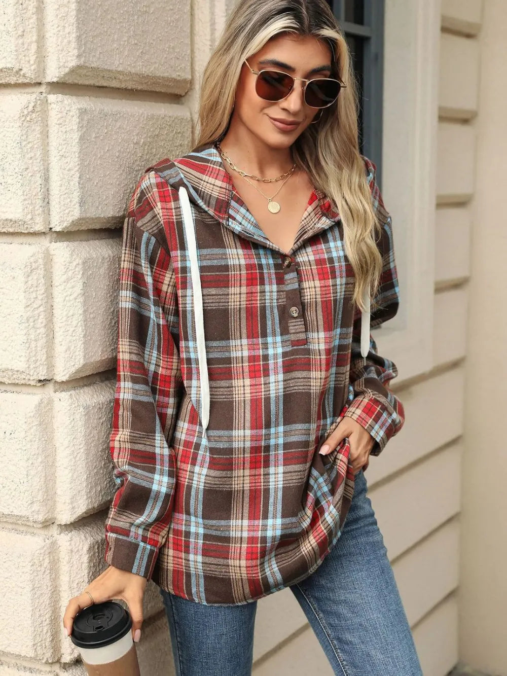 Drawstring Plaid Hooded Long Sleeve Top (15)