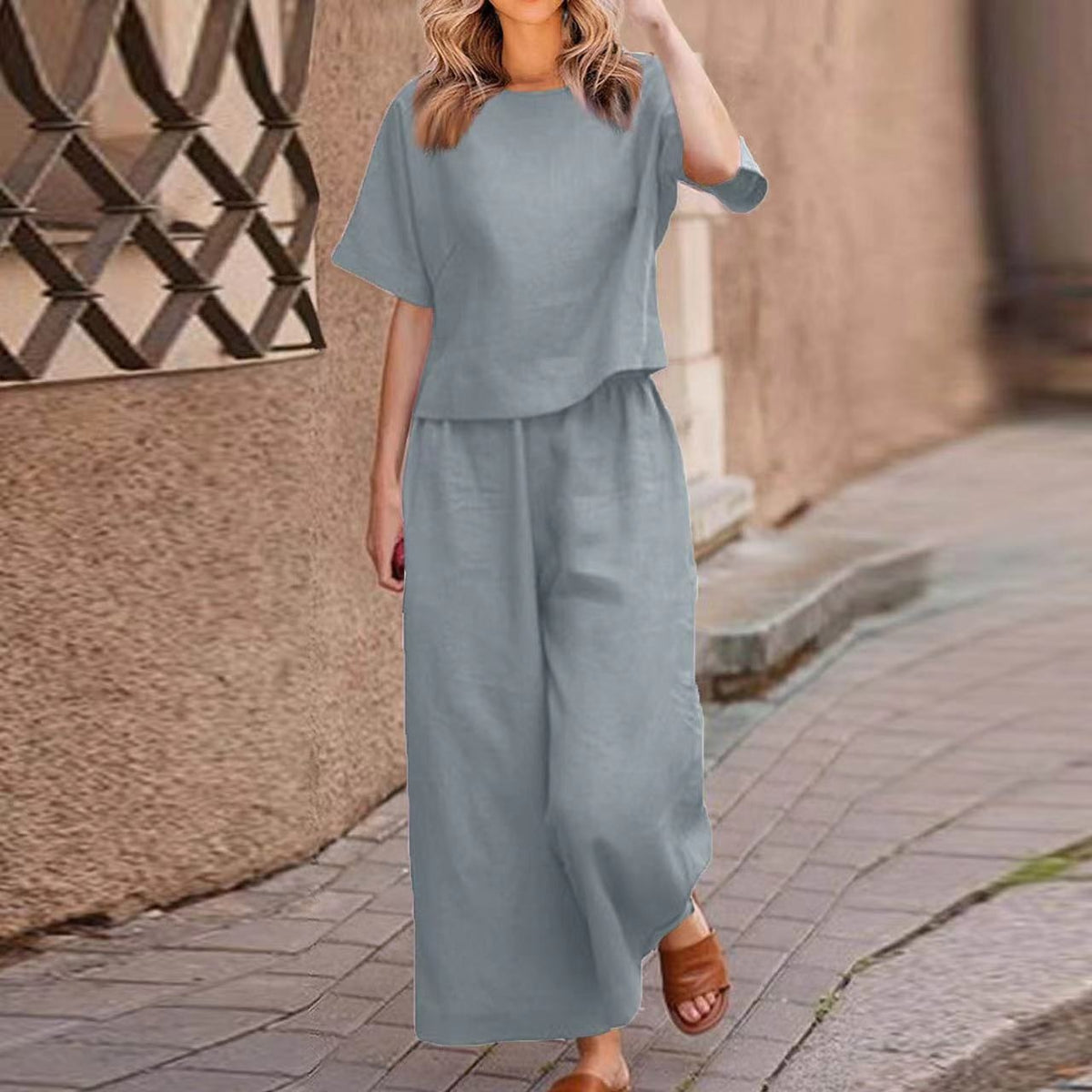 Linen Casual Loose Solid Color Suit Two-piece (4)