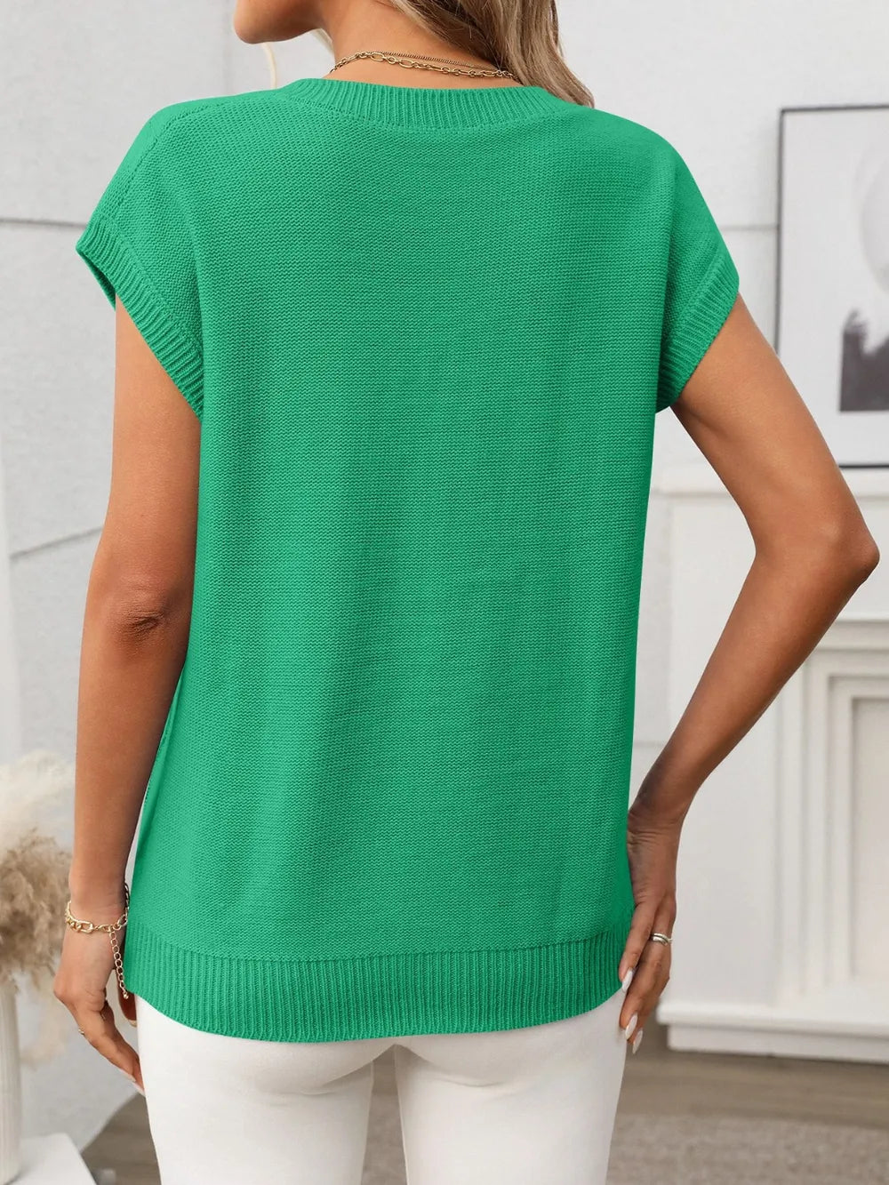 Cable-knit V-neck Short Sleeve Knit Top (6)