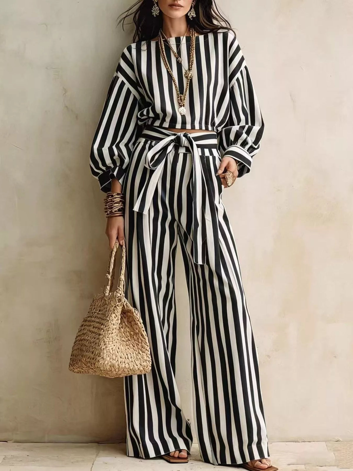 Striped Long Sleeve Top Pants Two-piece Set (4)