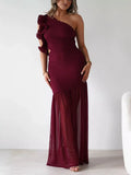 One-shoulder Ruffle Trim Maxi Dress