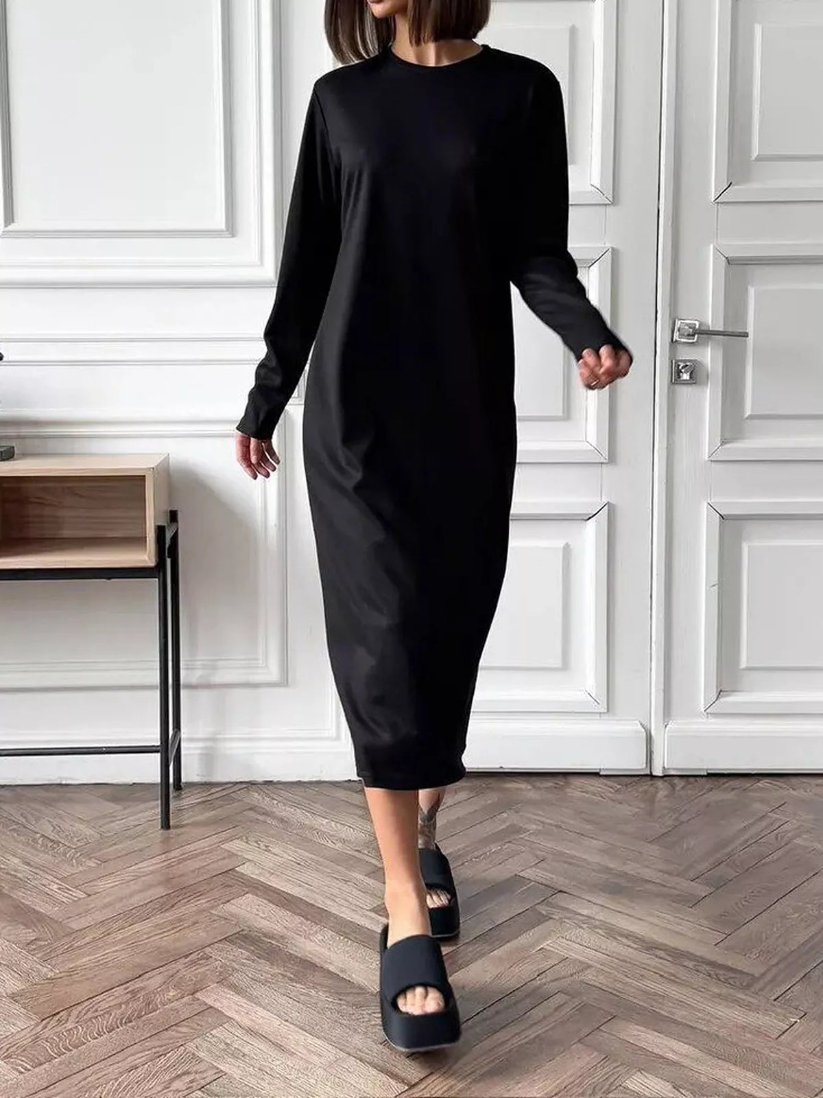 Round Neck Long-sleeve Midi Dress (15)