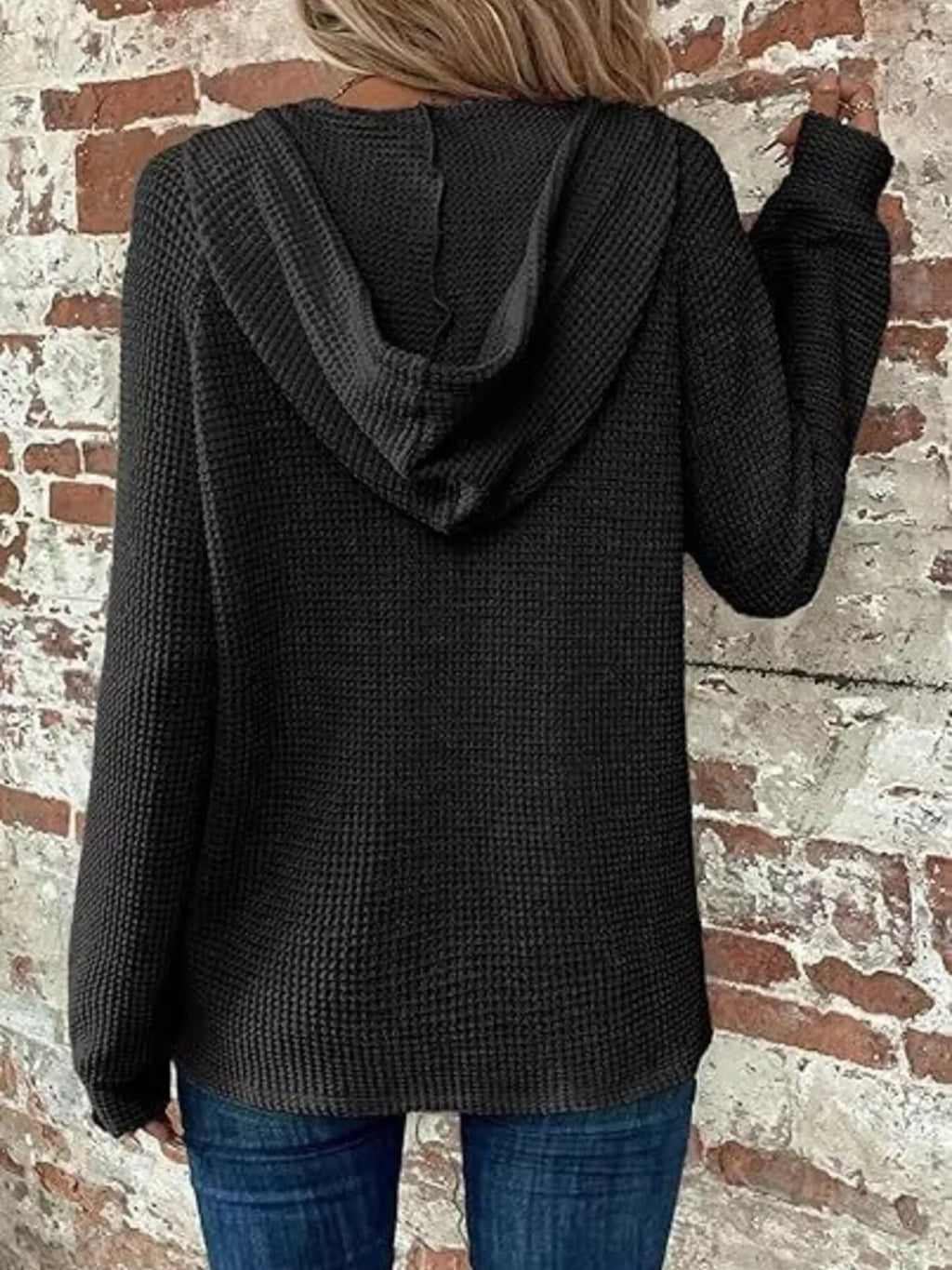 Full Size Waffle Knit Half-button Hoodie Plus (4)