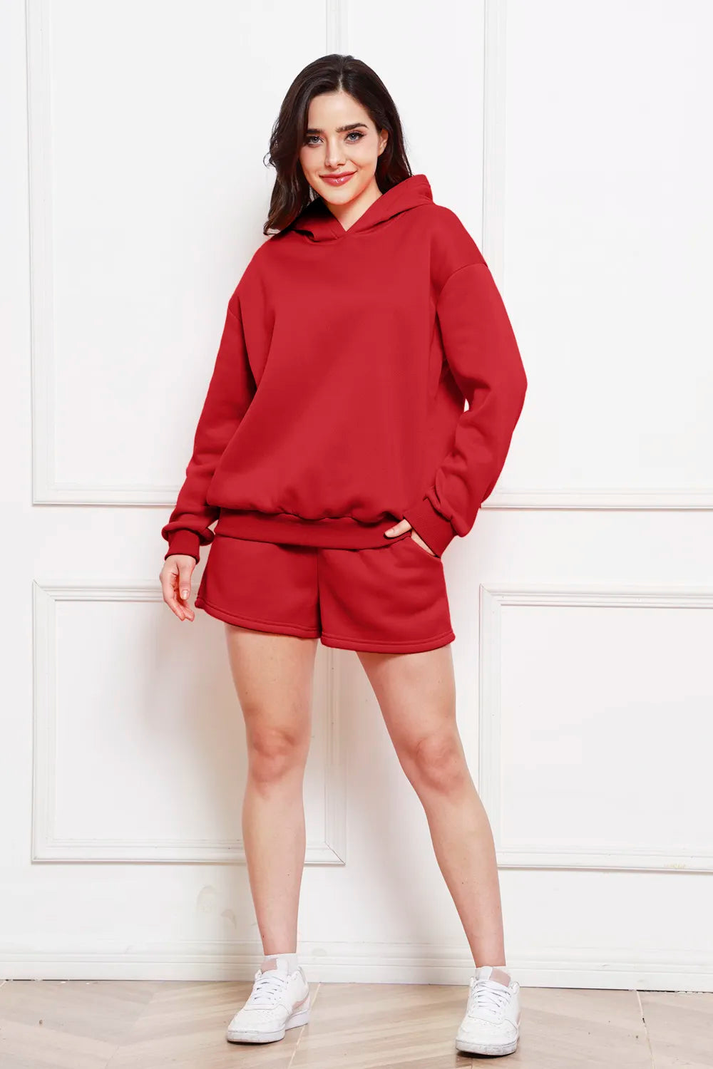 Drop Shoulder Long Sleeve Hoodie Shorts Set (7)