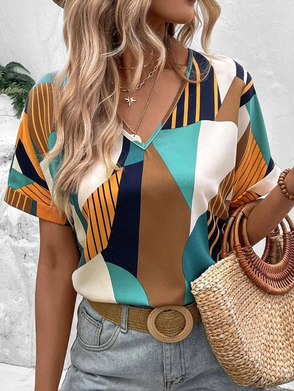 Printed V-neck Short Sleeve Blouse (9)