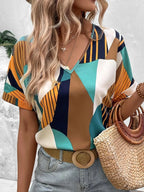 Printed V-neck Short Sleeve Blouse (9)