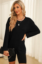Waffle-knit Round Neck Long Sleeve Sweatshirt (14)