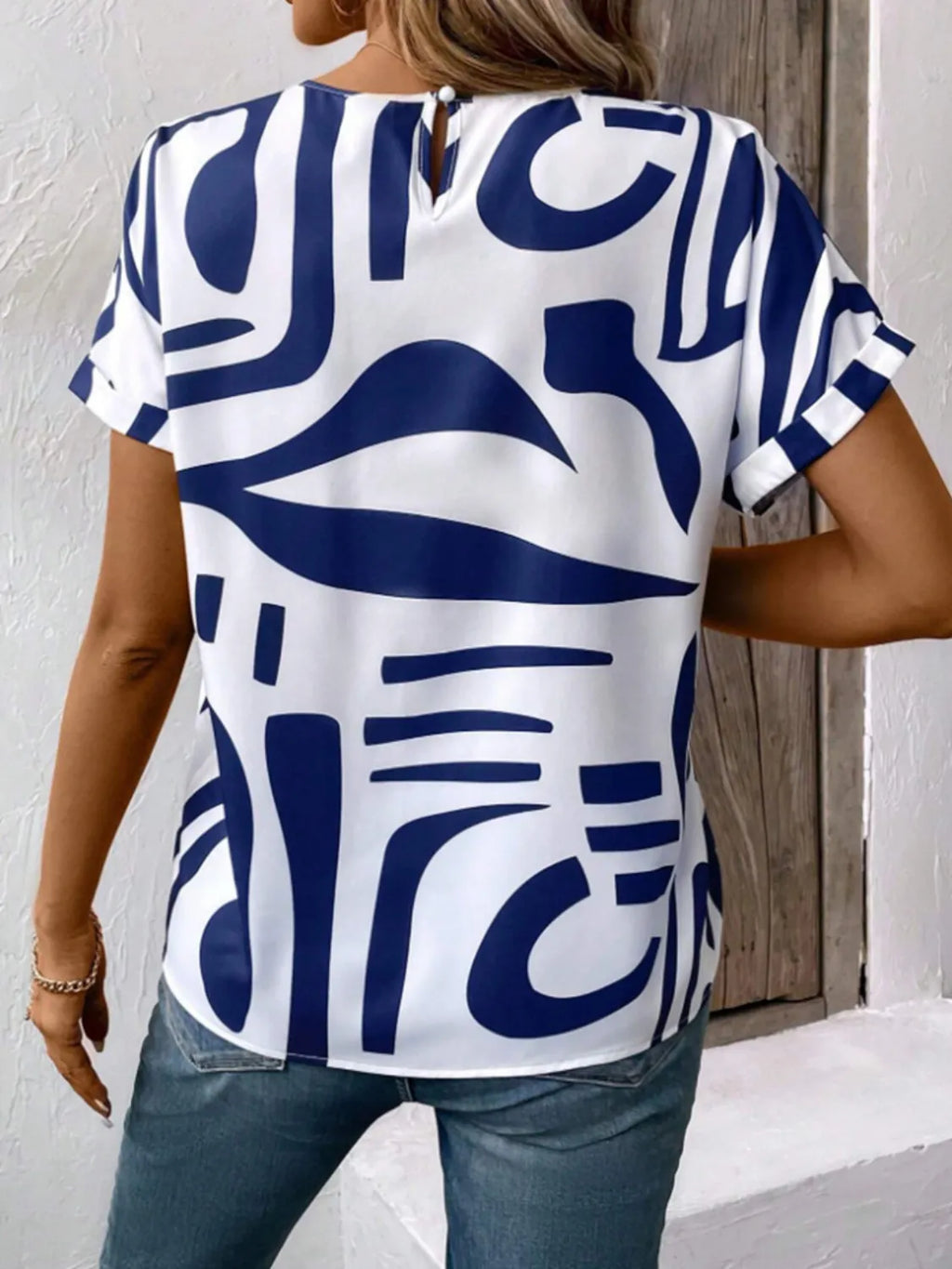 Contrast Round Neck Short Sleeve Blouse (12)