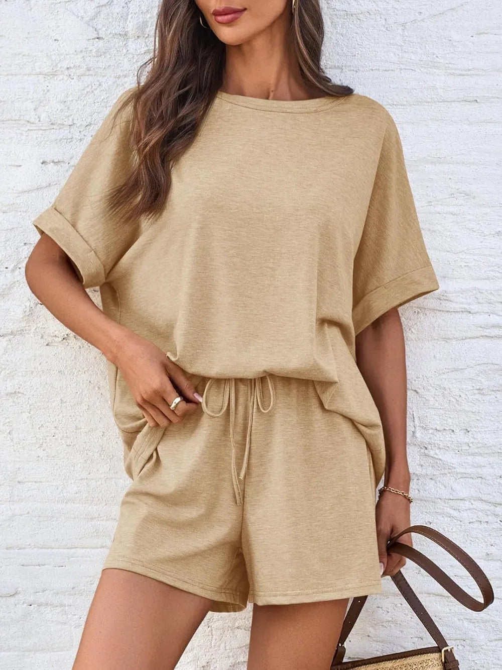 Round Neck T-shirt Drawstring Shorts Set