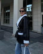 Leather Fur Korean Long Sleeve Splicing Coat photo 5