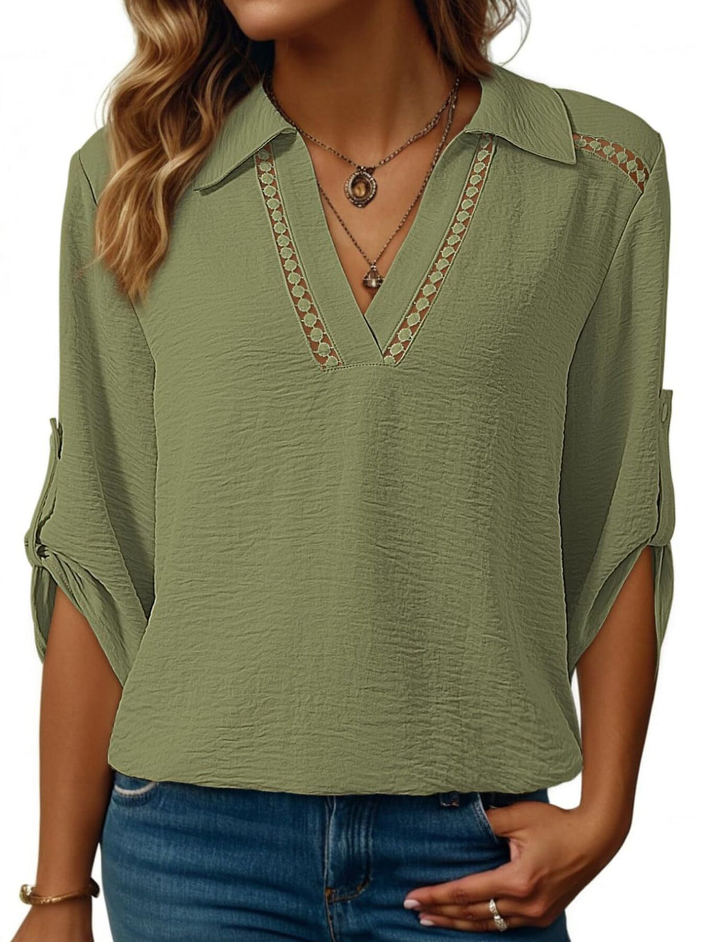 Johnny Collar Roll-up Sleeve Blouse (18)