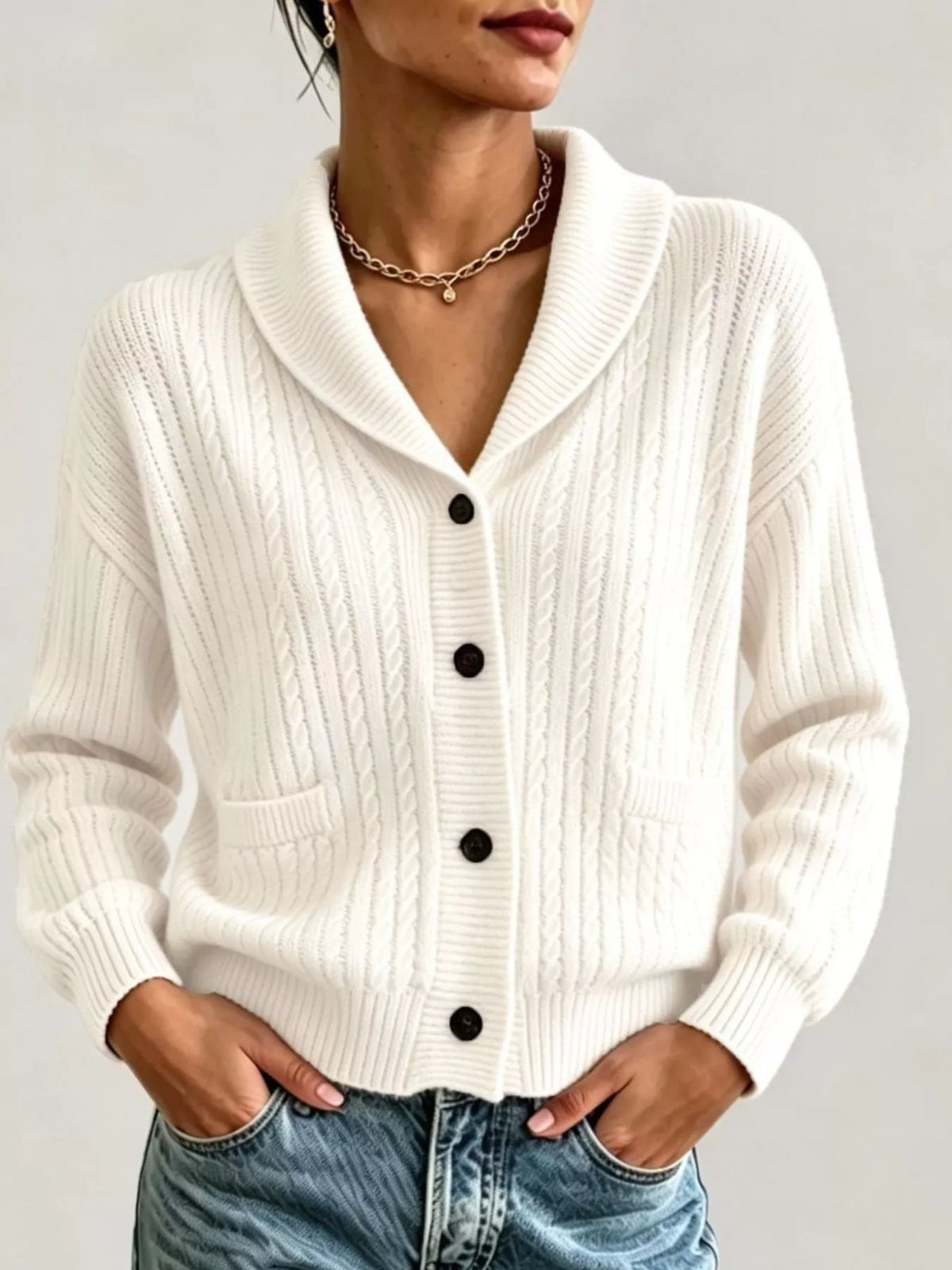 Full Size Shawl Collar Cable Knit Cardigan Plus (7)