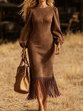 Fringe Round Neck Balloon Sleeve Dress