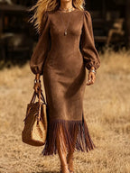 Fringe Round Neck Balloon Sleeve Dress