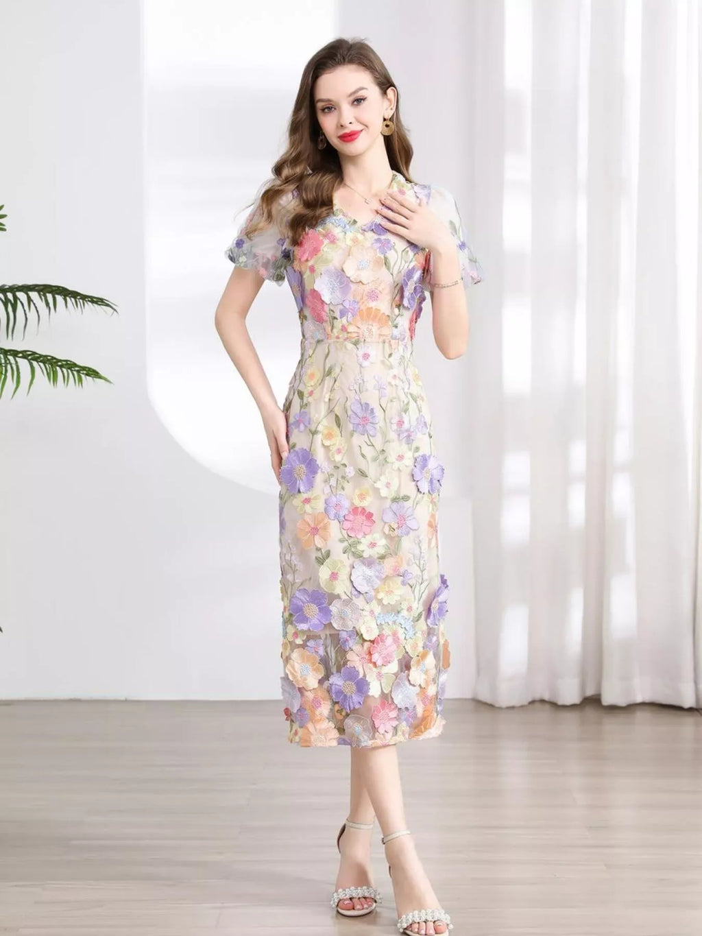 Floral Embroidered Puff Sleeve Midi Dress (5)
