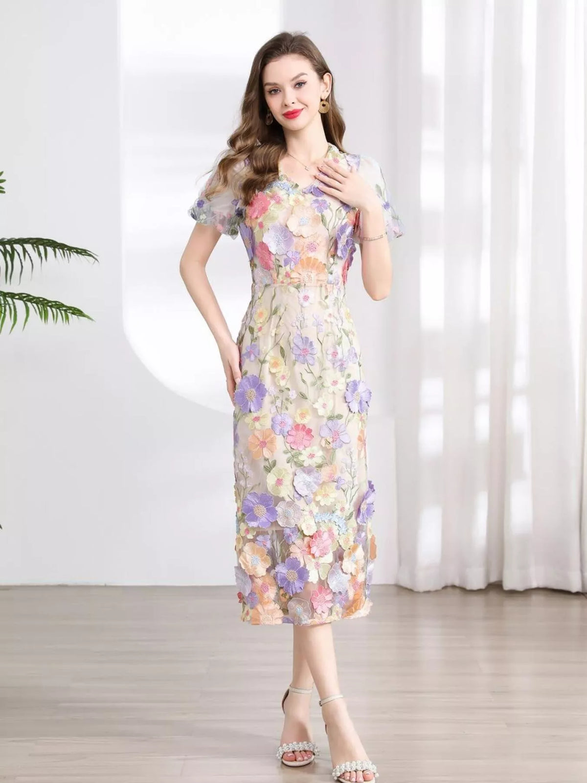Floral Embroidered Puff Sleeve Midi Dress (5)
