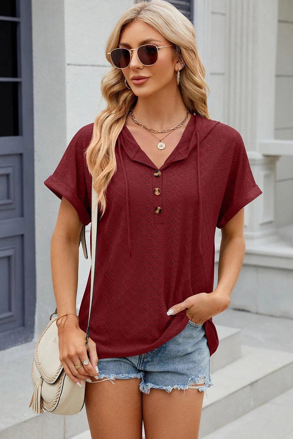 Eyelet Drawstring Hooded Short Sleeve Blouse (6)