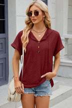 Eyelet Drawstring Hooded Short Sleeve Blouse (6)