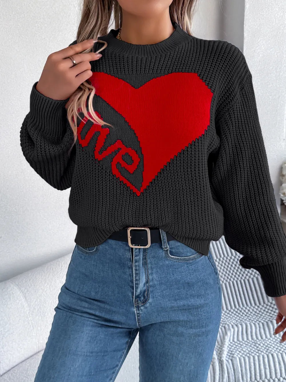 Love Heart Round Neck Dropped Shoulder Sweater (16)