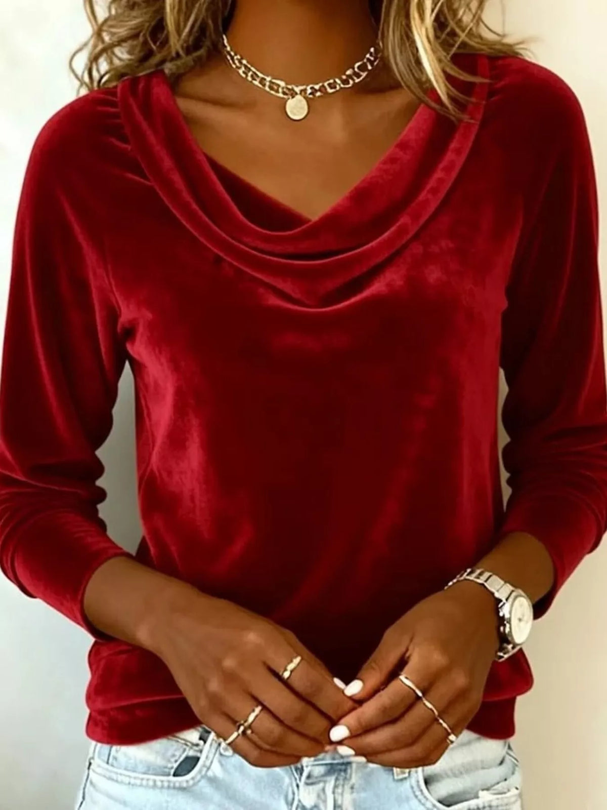 Velvet Cowl Neck Long Sleeve T-shirt (11)