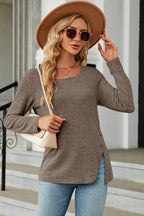Slit Decorative Button Square Neck T-shirt (9)