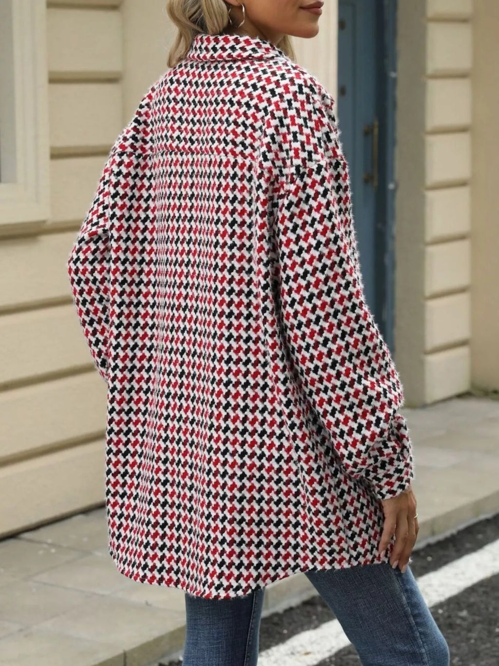 Houndstooth Button Up Long Sleeve Coat (11)