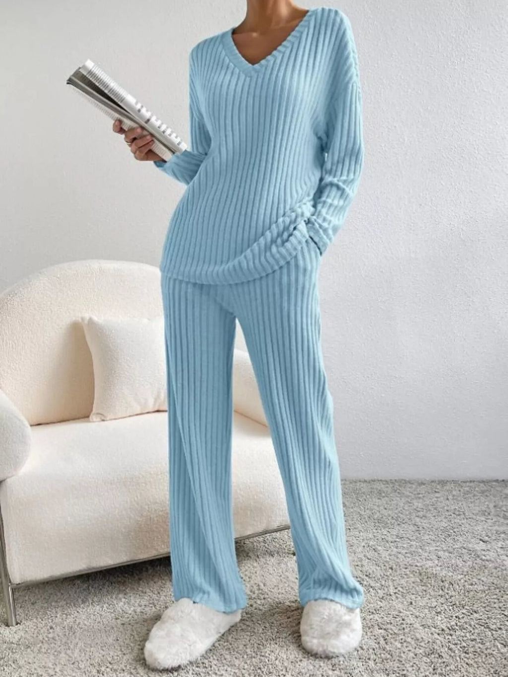 Ribbed Knit V-neck Top Pants Set (22)