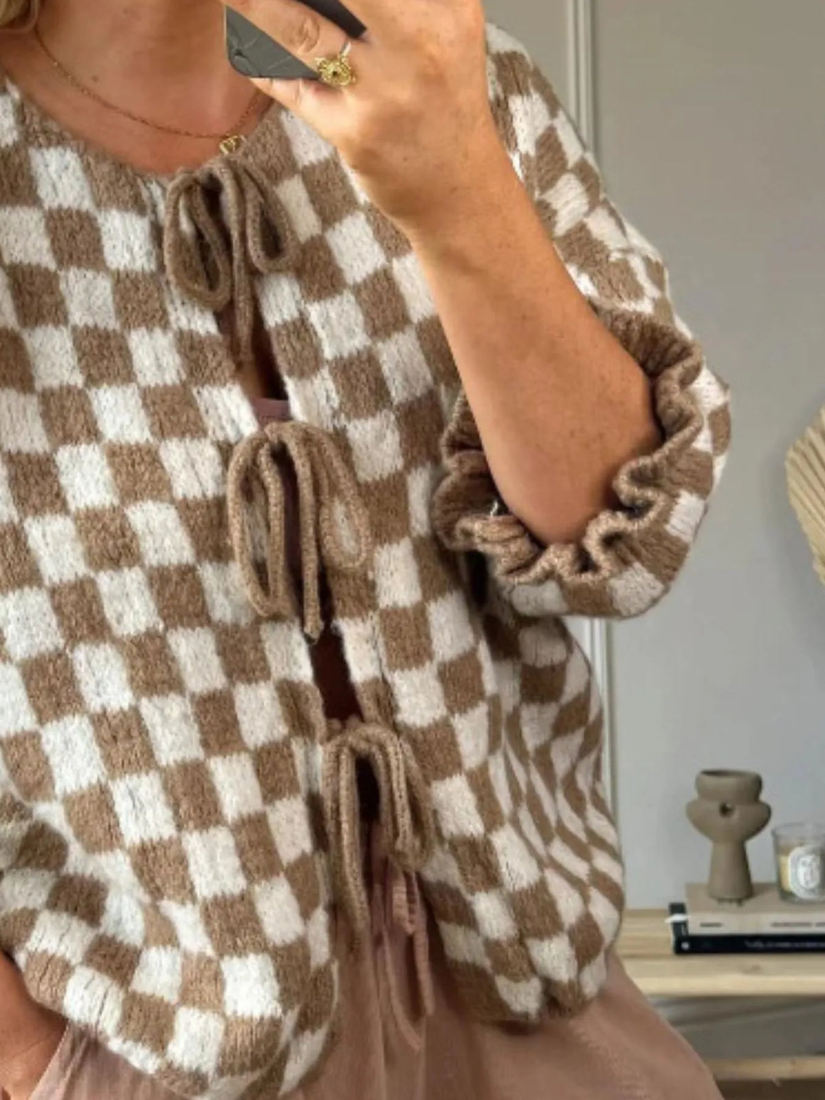 Checkered Tie-front Knit Cardigan (16)
