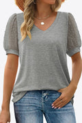 Swiss Dot Puff Sleeve V-neck Tee