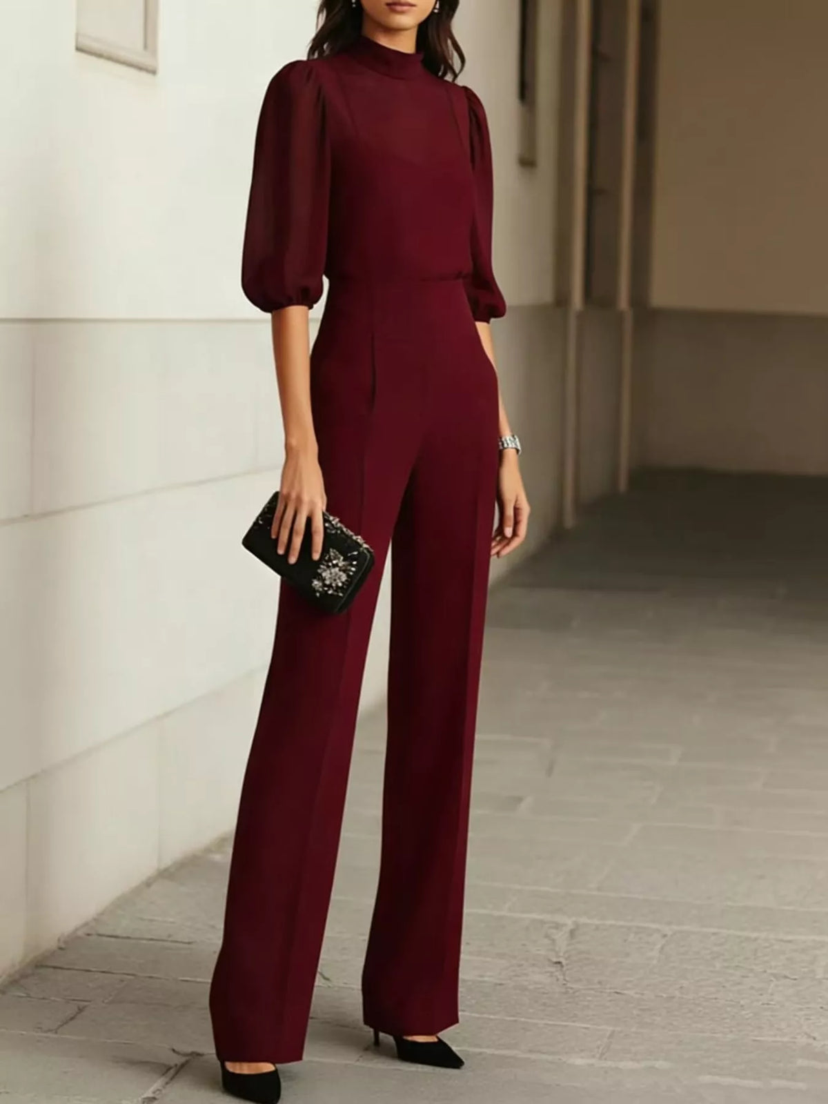 Mock Neck Puff Sleeve Top Wide Leg Pants Set (4)