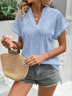 Openwork Notched Short Sleeve Blouse (2)