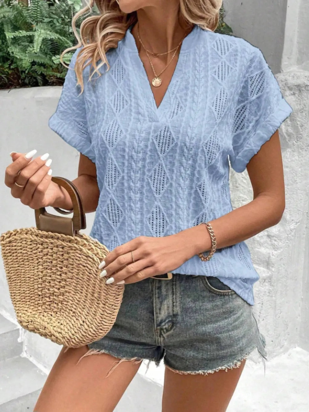 Openwork Notched Short Sleeve Blouse (2)