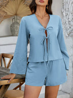 Double Tied V-neck Top Shorts Set (18)
