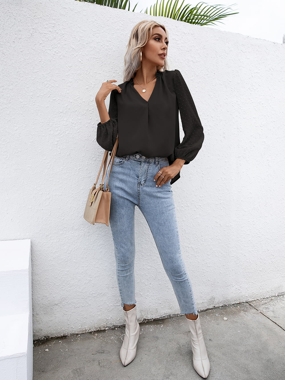 Swiss Dot Frill Trim Puff Sleeve Blouse (5)