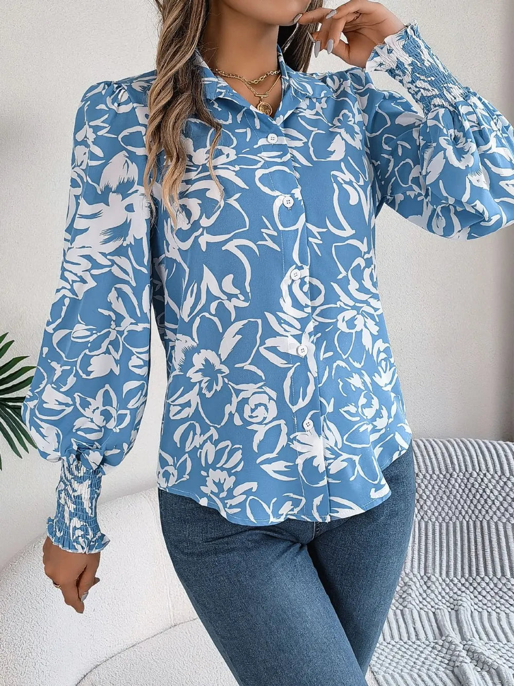 Printed Collared Neck Lantern Sleeve Shirt (3)