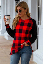 Plaid Round Neck Long Sleeve T-shirt (5)