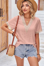 Eyelet V-neck Short Sleeve T-shirt (19)