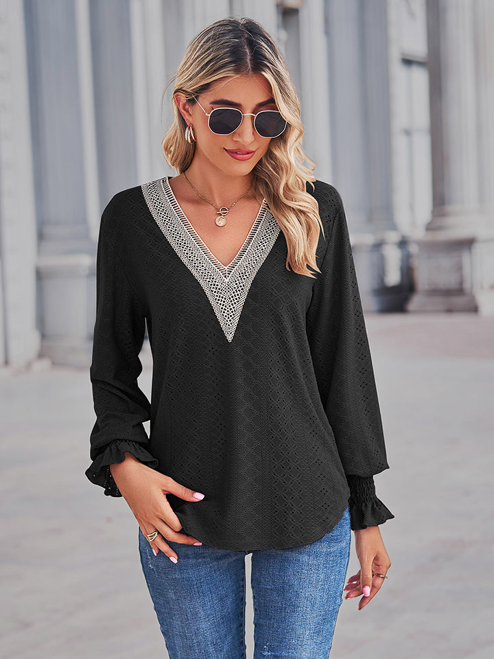 V-neck Eyelet Flounce Sleeve Blouse (8)