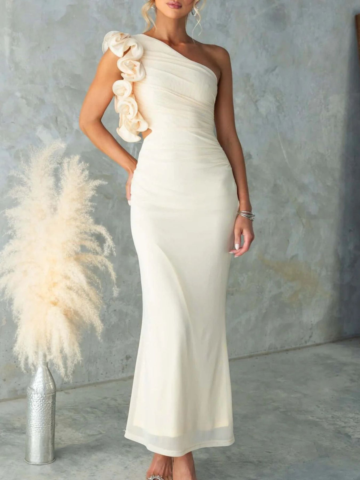 One-shoulder Floral Trim Sleeveless Maxi Dress (2)