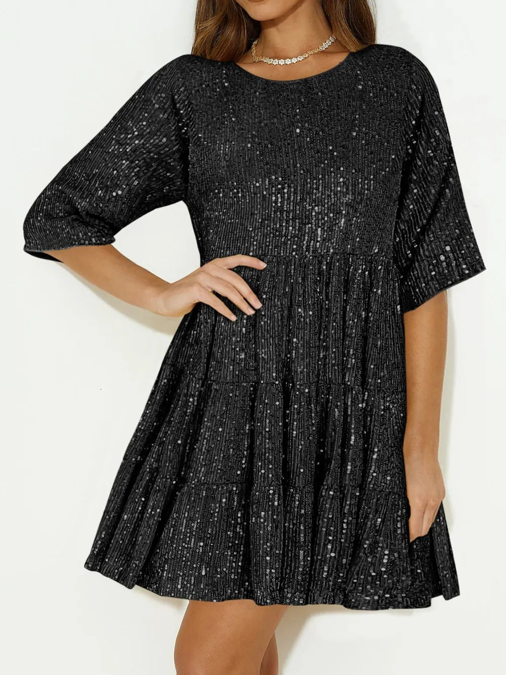 Sequin Round Neck Half Sleeve Mini Dress (21)